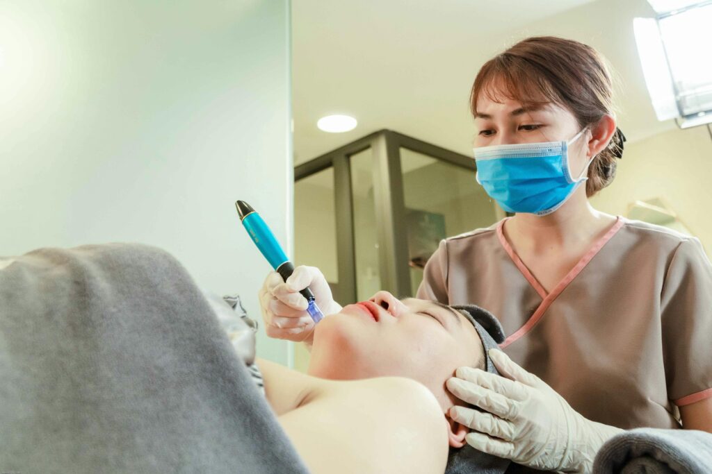 Professional skincare treatment at a beauty salon in Hanoi, Vietnam.